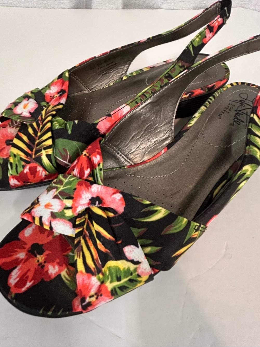 Life Stride Black Floral Slingback Wedges with Coral & Green